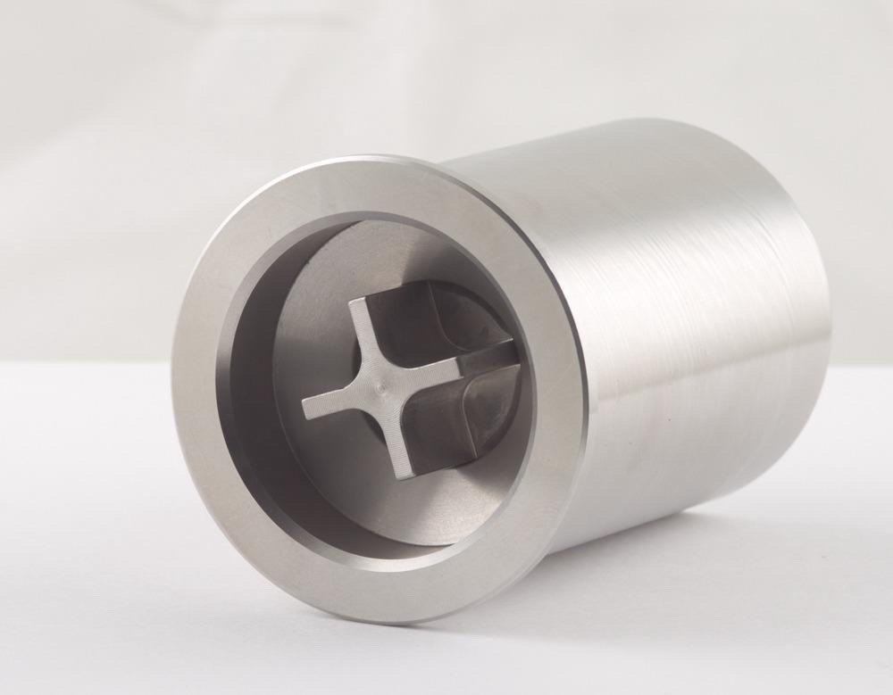 AquaVolt water efficiency device — brushed stainless steel cylinder with internal flow vanes visible through the opening