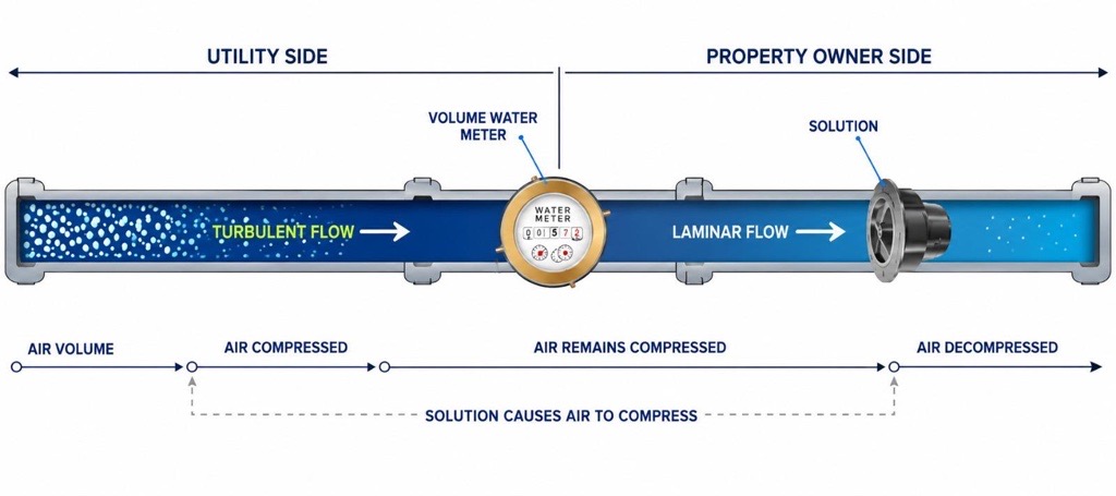 Diagram showing turbulent water flow with trapped air on the utility side moving through a volume water meter, then through the AquaVolt solution where the air is compressed and water becomes laminar on the property owner side